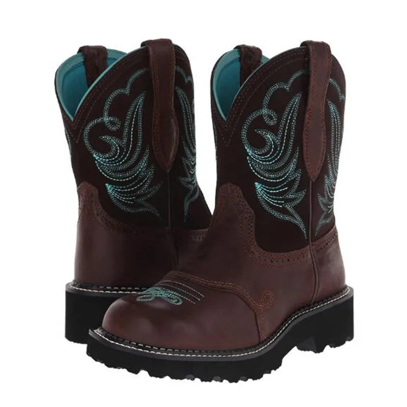 Santiag mi-haute marron foncé Simili Cuir Femme - Broderies turquoise