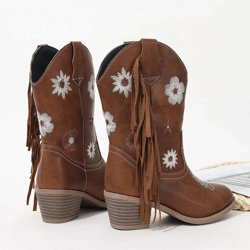 Santiag mi-haute marron Simili Cuir Fille - Broderies florales, franges