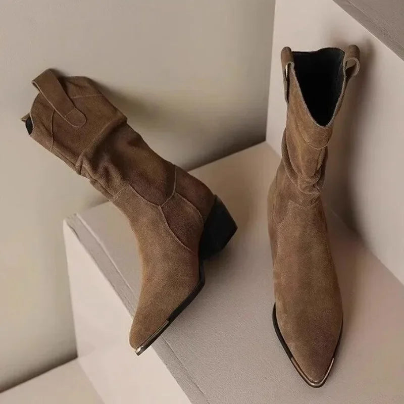 Santiag mi-haute marron Daim Synthétique Femme - Bout pointu, embout métal
