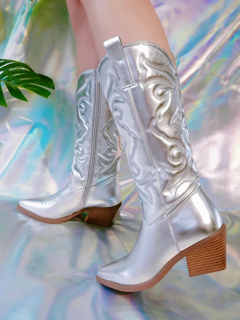 Santiag mi-haute argenté Simili Cuir Femme - Motifs western, talon biseauté