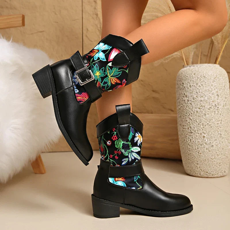 Santiag mi-haute noir Simili Cuir Femme - Broderies florales