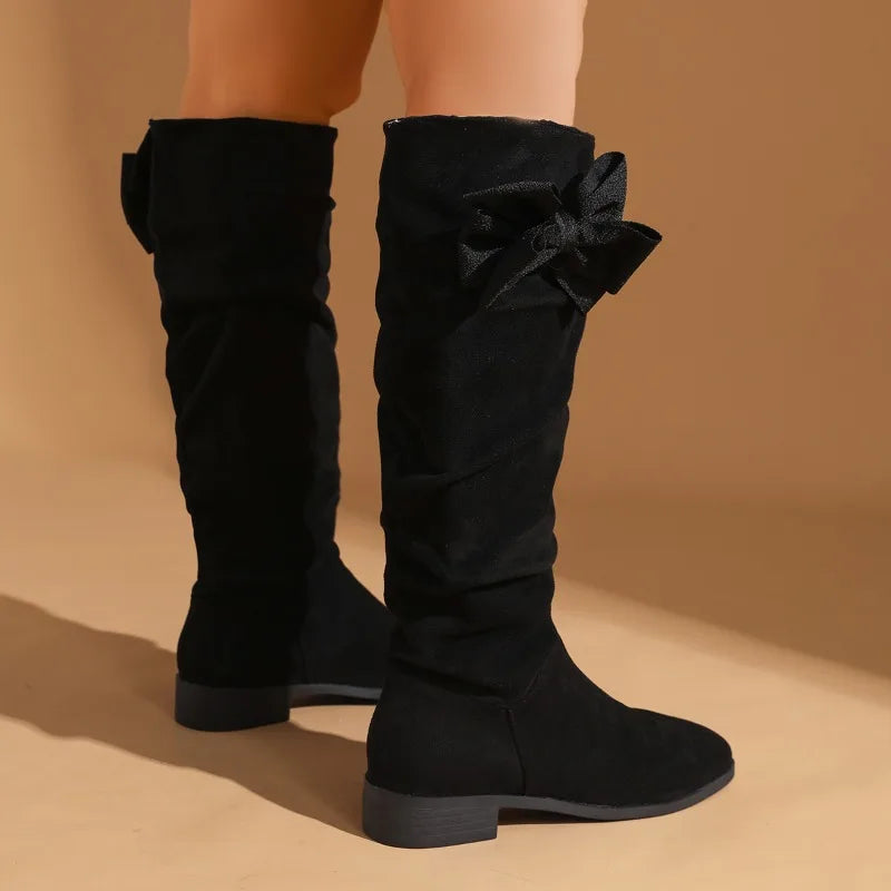 Santiag haute noir Daim Femme - Nœud papillon latéral