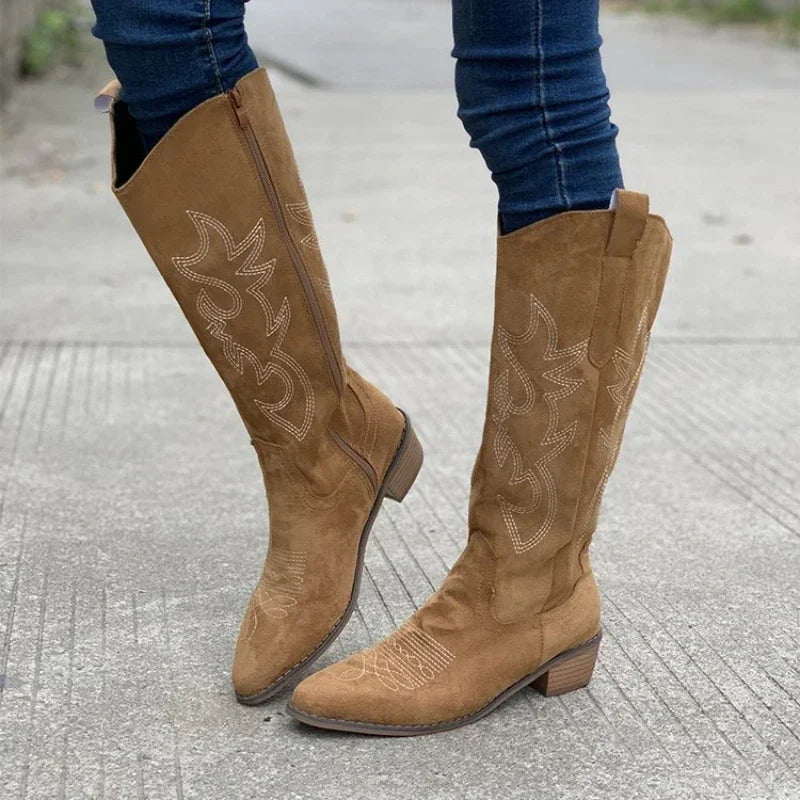 Santiag mi-haute camel Simili Cuir Femme - Broderies western, talon carré