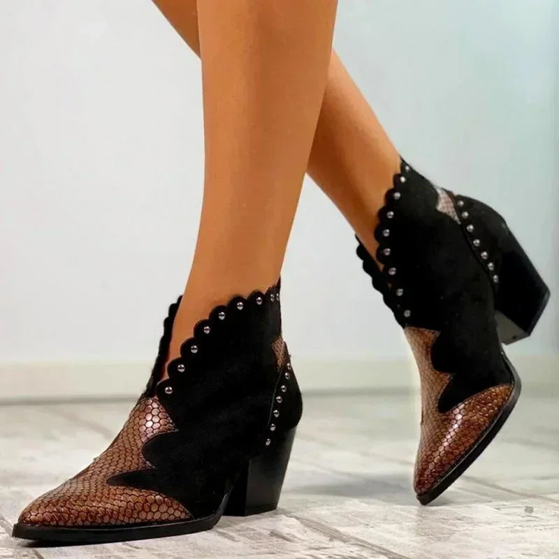 Santiag mi-haute noir Simili Cuir Femme - Motif python, rivets