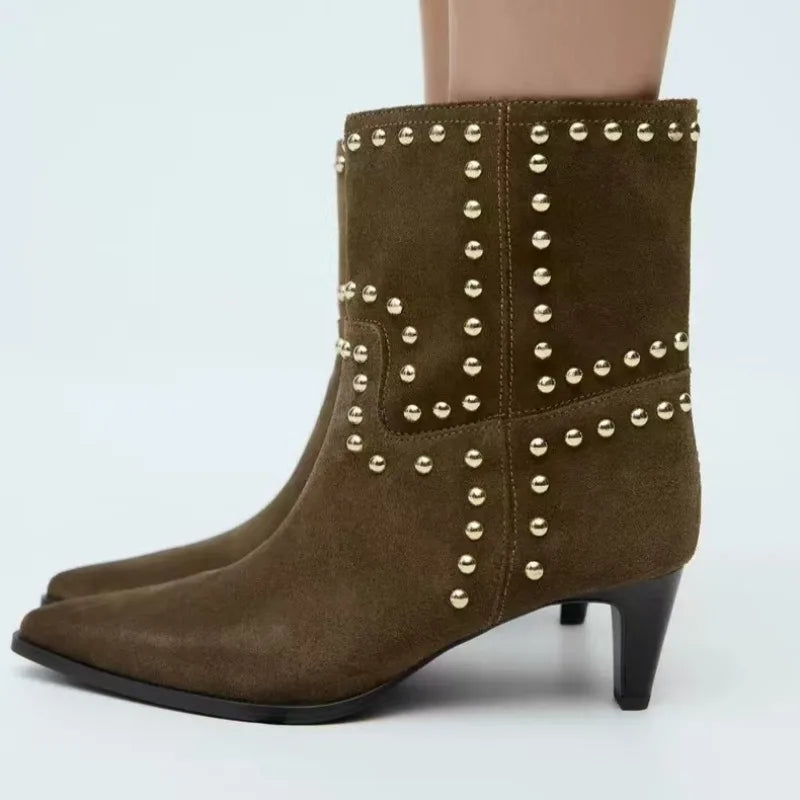 Santiag mi-haute marron Daim Femme - Clous dorés géométriques