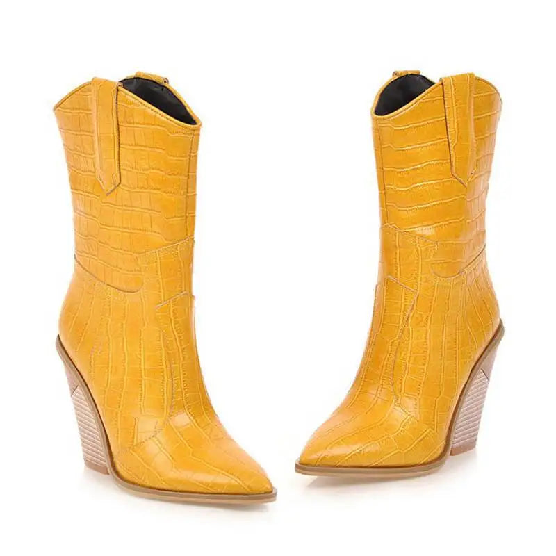 Santiag mi-haute jaune Simili Cuir Femme - Effet crocodile, talon incliné