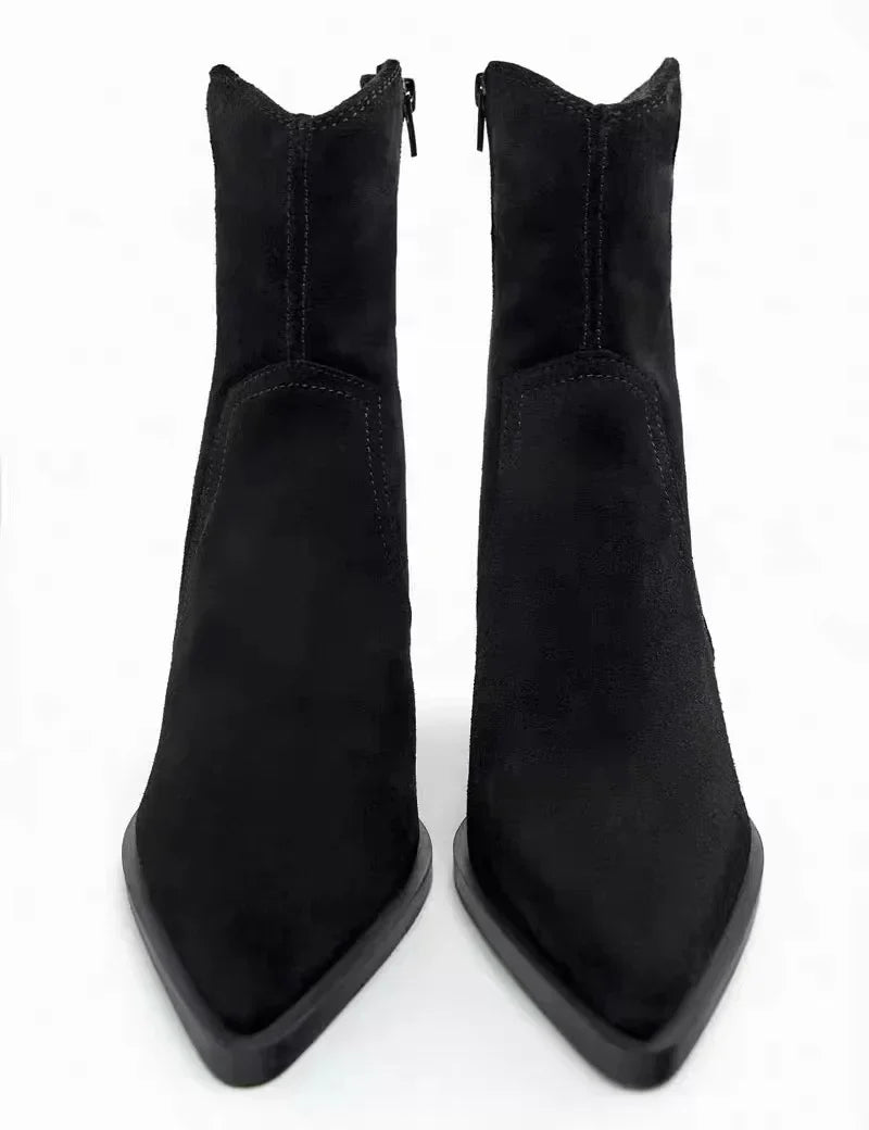 Santiag mi-haute noir Daim Femme - Talon carré, bout pointu