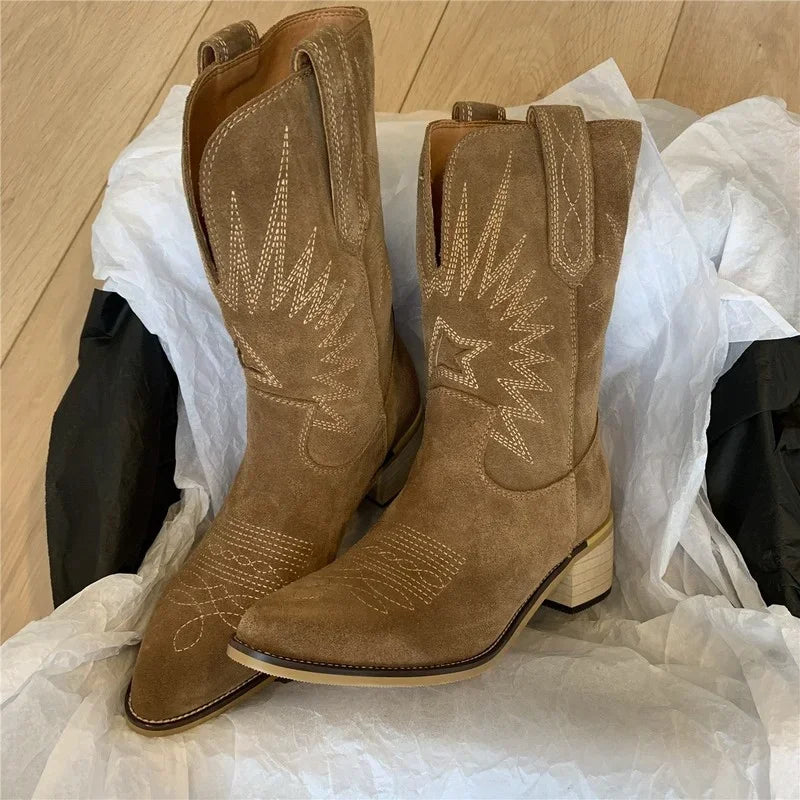 Santiag mi-haute marron clair PU Femme - Broderies western, effet daim