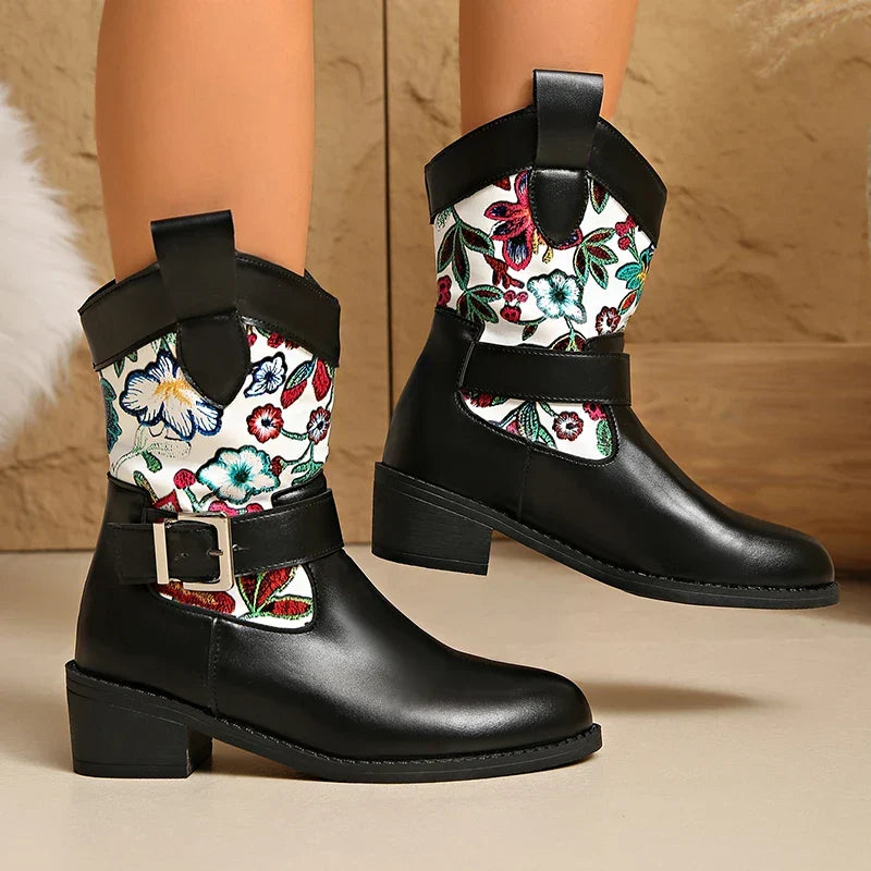 Santiag mi-haute noir Simili Cuir Femme - Broderies colorées, sangle