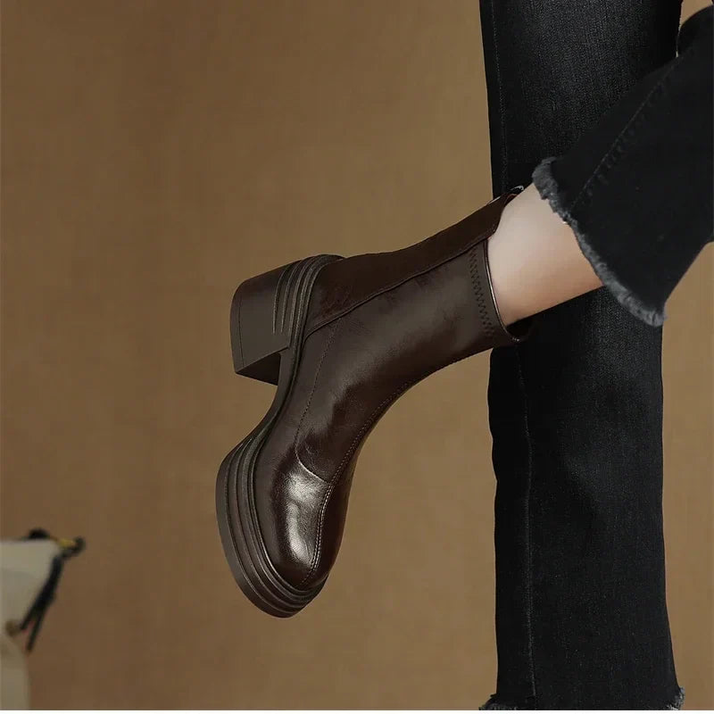 Bottine à talon marron foncé Synthétique Femme - Bout carré