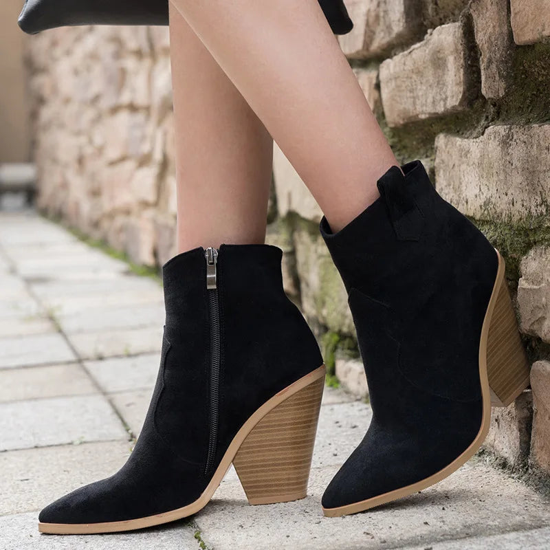 Santiag mi-haute noir Simili Cuir Femme - Talon compensé, couture zigzag