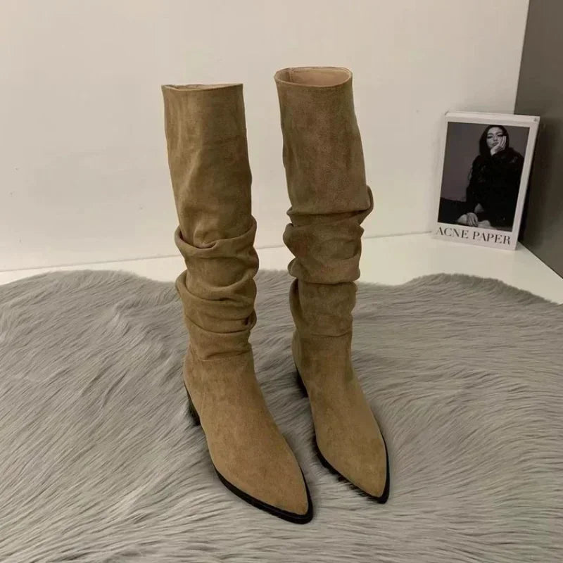 Santiag haute marron clair Daim Femme - Effet plissé