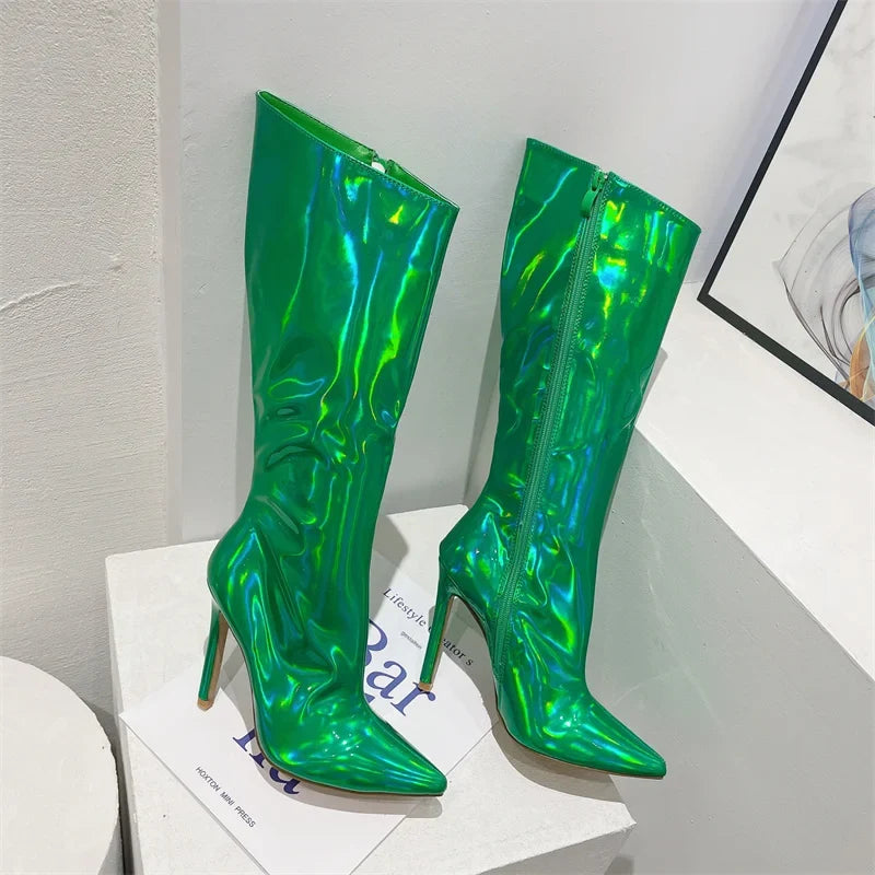 Botte haute vert Synthétique Femme - Effet métallisé