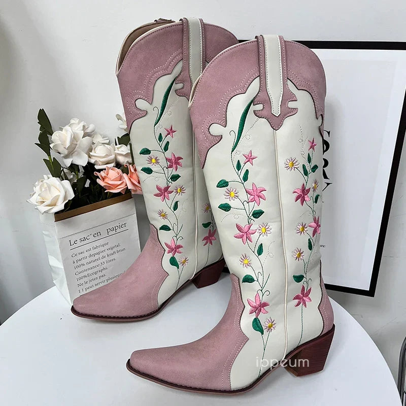 Santiag mi-haute blanc Simili Cuir Femme - Broderies florales colorées