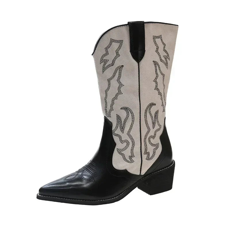Santiag haute noir Simili Cuir Femme - Bicolore, broderies contrastées