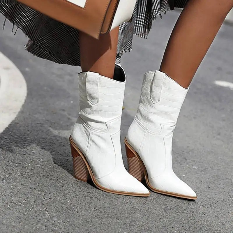 Santiag mi-haute blanc Simili Cuir Femme - Talon carré, bout pointu