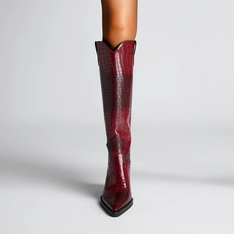 Santiag haute rouge Synthétique Femme - Motif crocodile, bout pointu