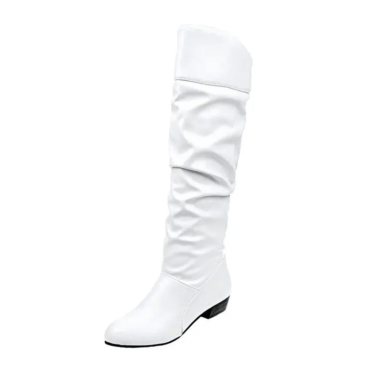 Botte haute blanc Simili Cuir Femme - Tige plissée