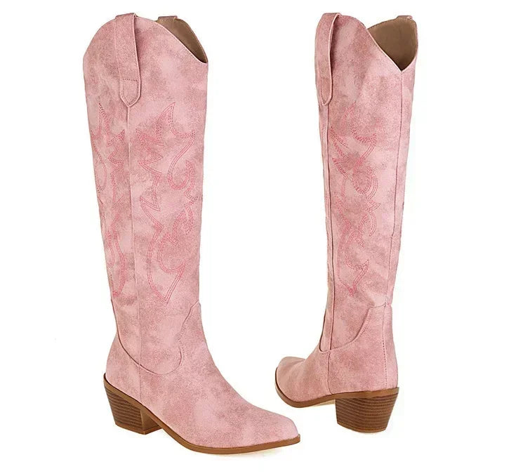 Santiag haute rose Simili Cuir Femme - Broderies florales