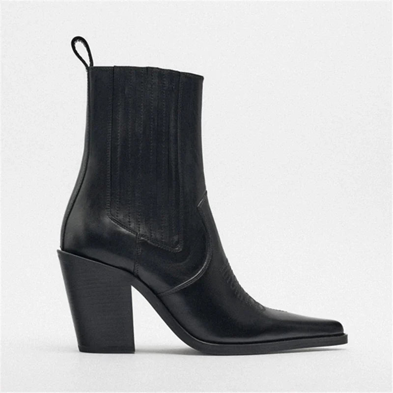 Santiag mi-haute noir Cuir Femme - Bout pointu, talon carré