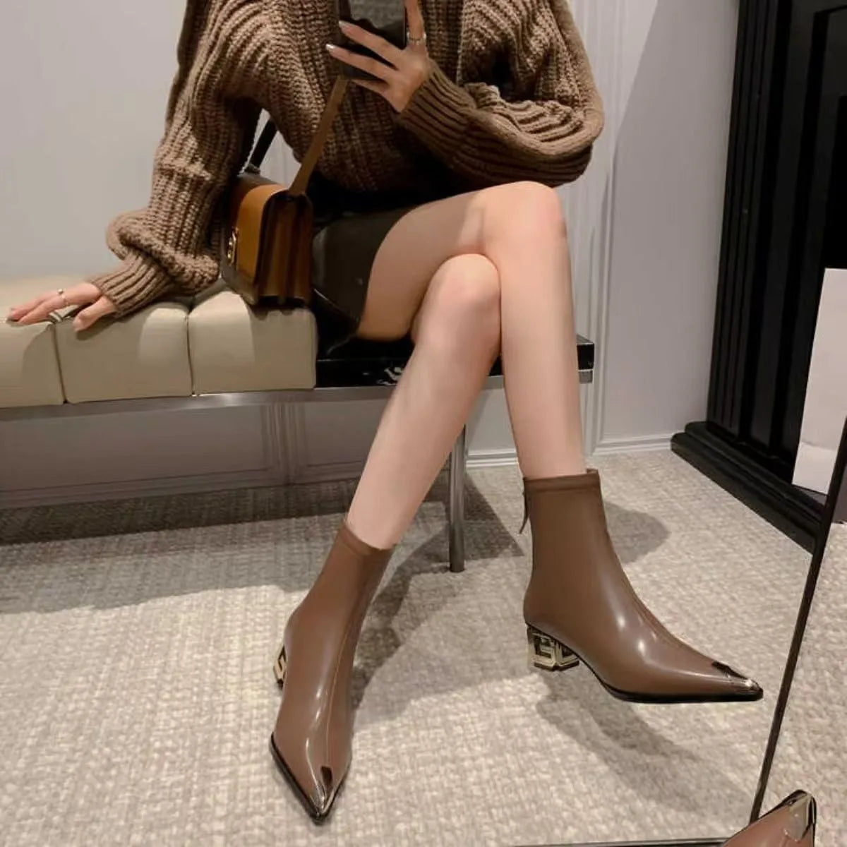 Bottine à talon marron Simili Cuir Femme - Bout pointu, talon géométrique