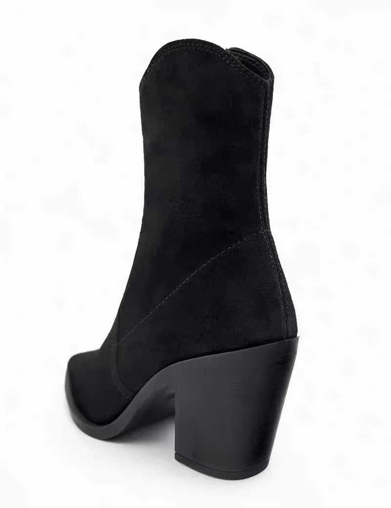 Santiag mi-haute noir Daim Femme - Talon carré, bout pointu