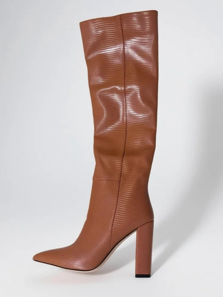 Botte haute marron Daim Synthétique Femme - Effet lézard, talon bloc