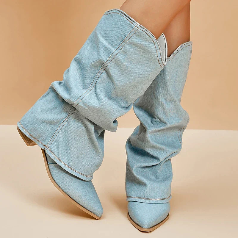 Santiag mi-haute bleu Synthétique Femme - Effet denim, bout pointu