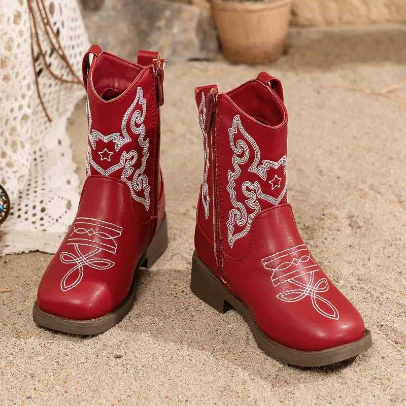 Santiag mi-haute rouge Cuir Fille - Broderies, style cowboy