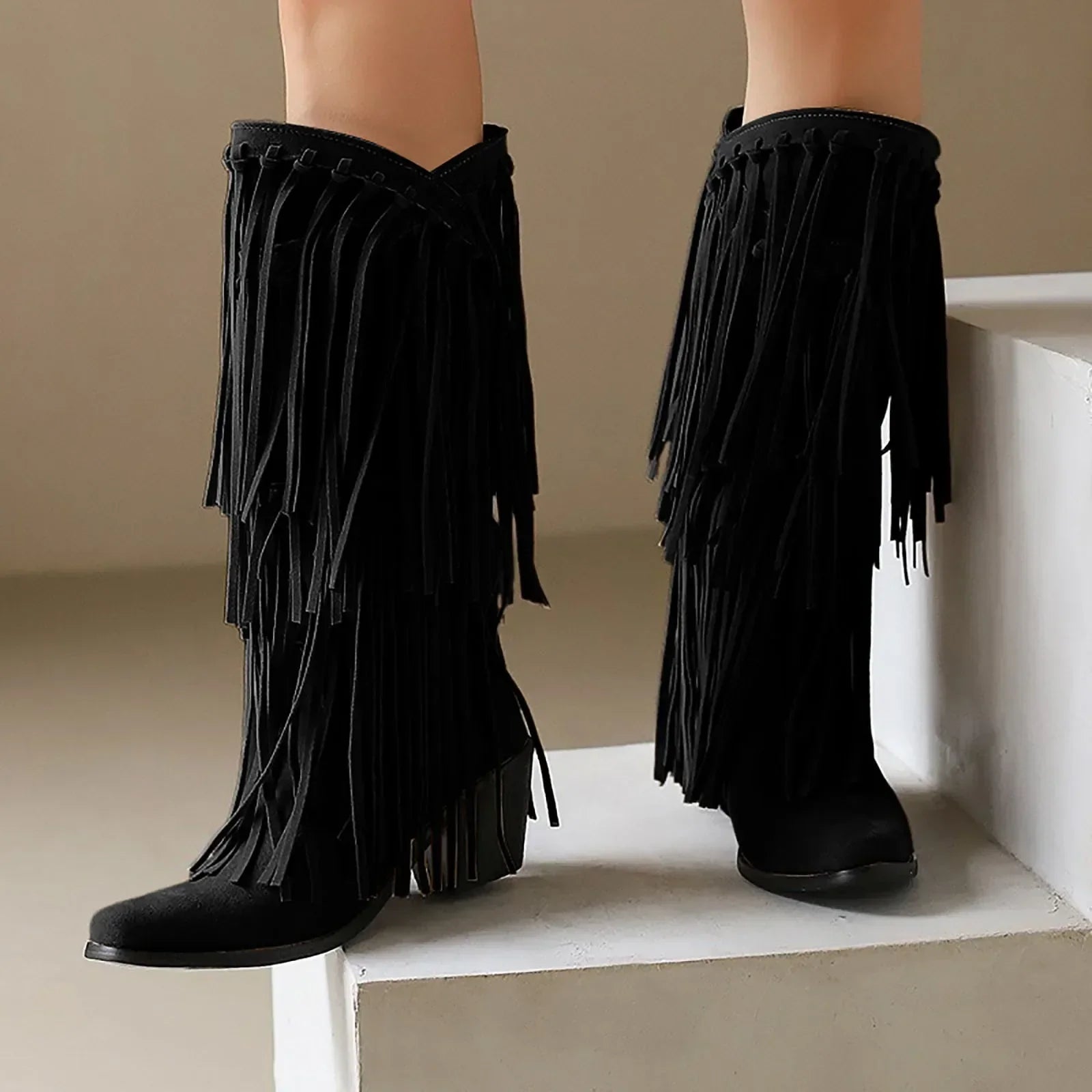 Santiag mi-haute noir Simili Cuir Femme - Franges longues, style bohème