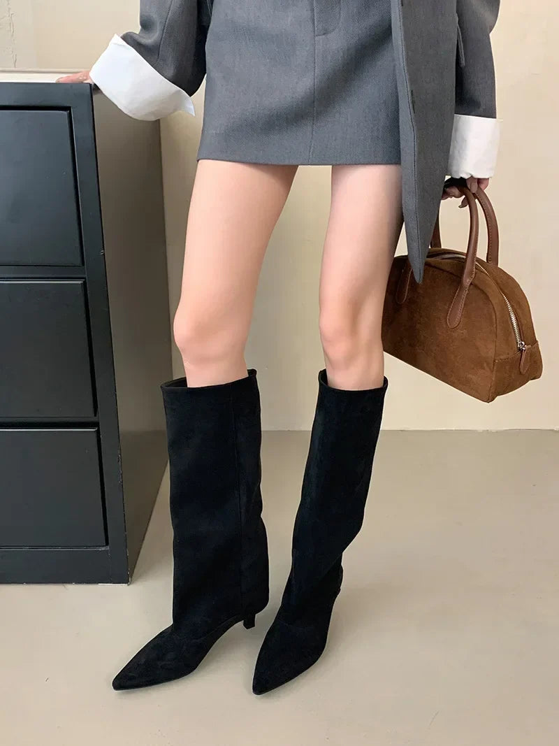 Botte haute noir Daim Synthétique Femme - Tige souple, talon kitten