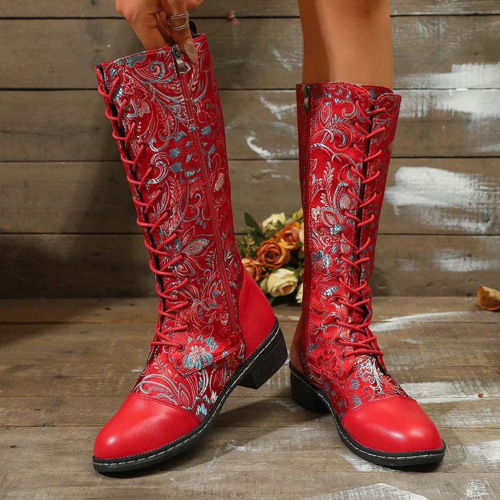 Botte haute rouge Simili Cuir Femme - Broderies western