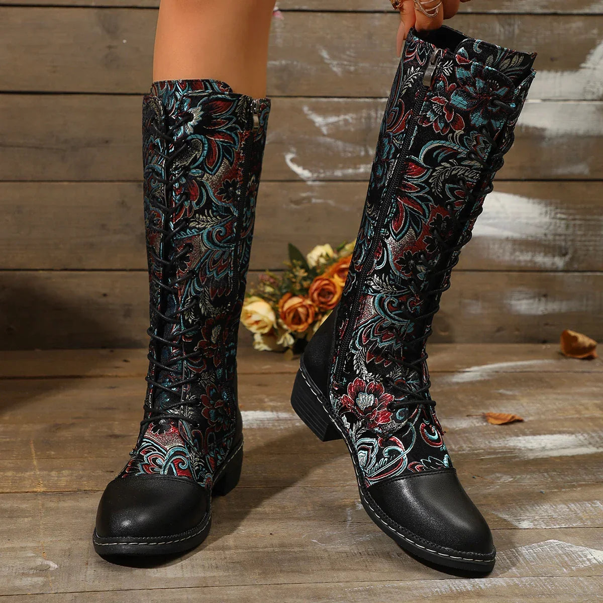 Botte haute multicolore Simili Cuir Femme - Broderies florales
