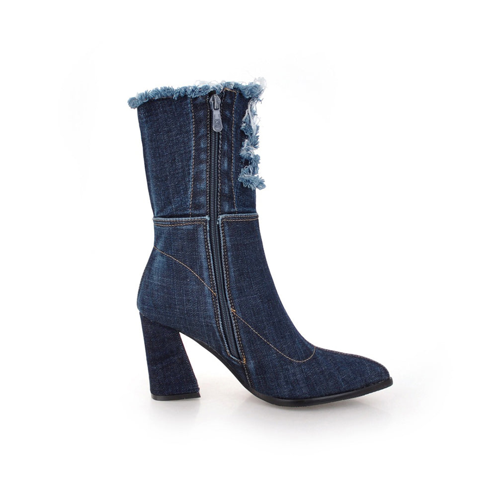 Botte haute bleu Synthétique Femme - Effet denim effiloché