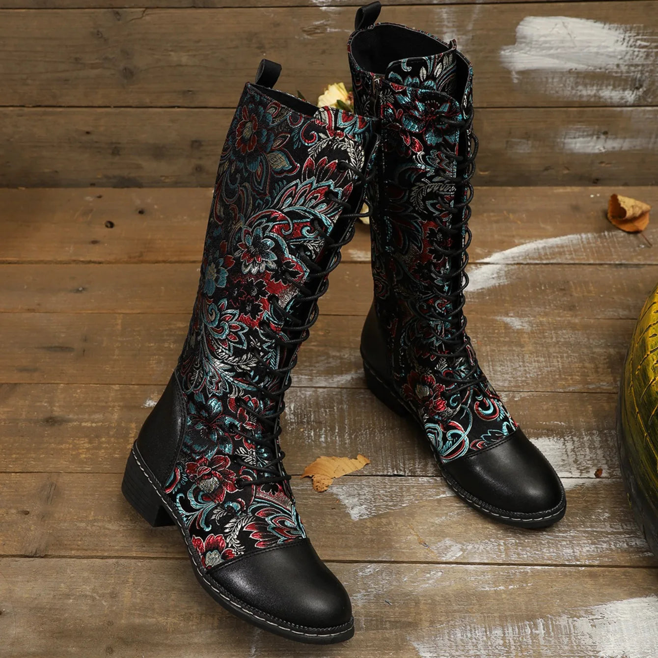 Botte haute multicolore Simili Cuir Femme - Broderies florales