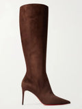 Botte haute marron foncé Daim Synthétique Femme - Semelle rouge, talon aiguille