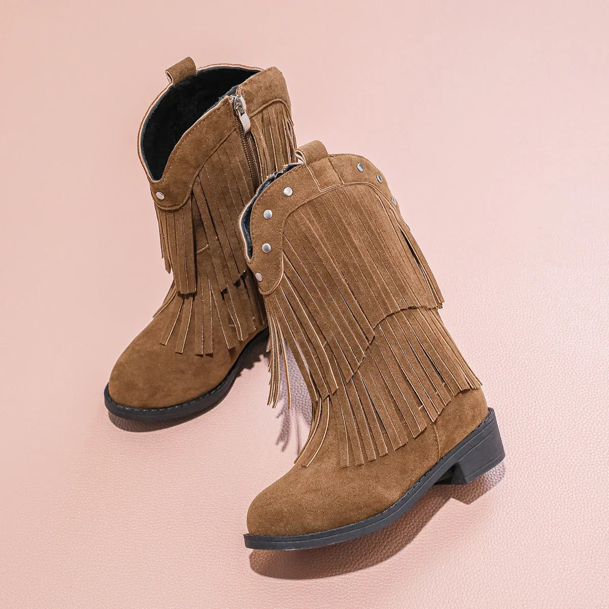 Santiag haute marron Daim Fille - Franges longues
