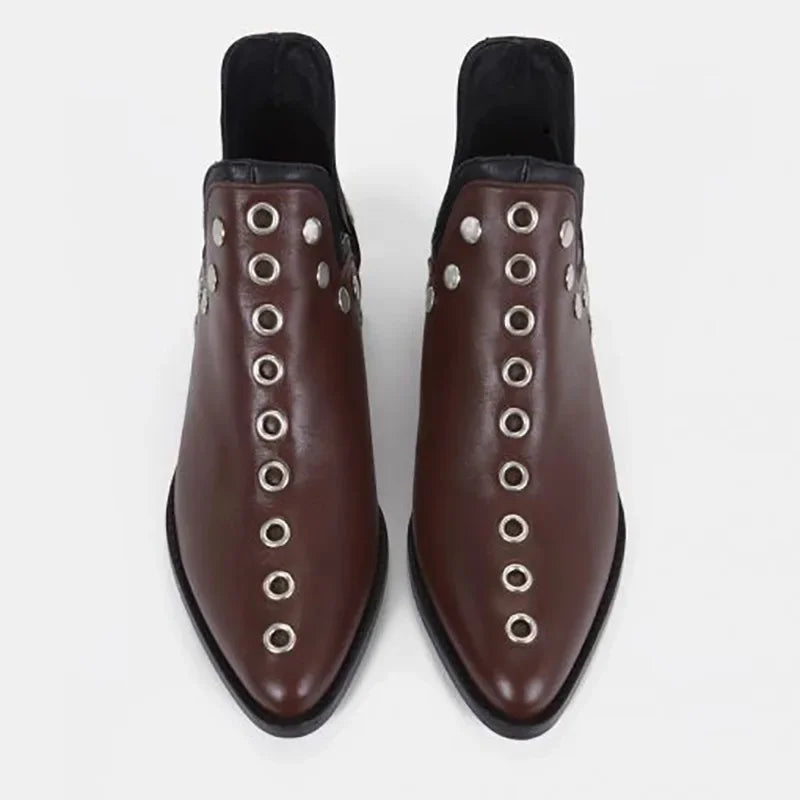 Santiag mi-haute marron Simili Cuir Femme - Œillets et clous, talon bas