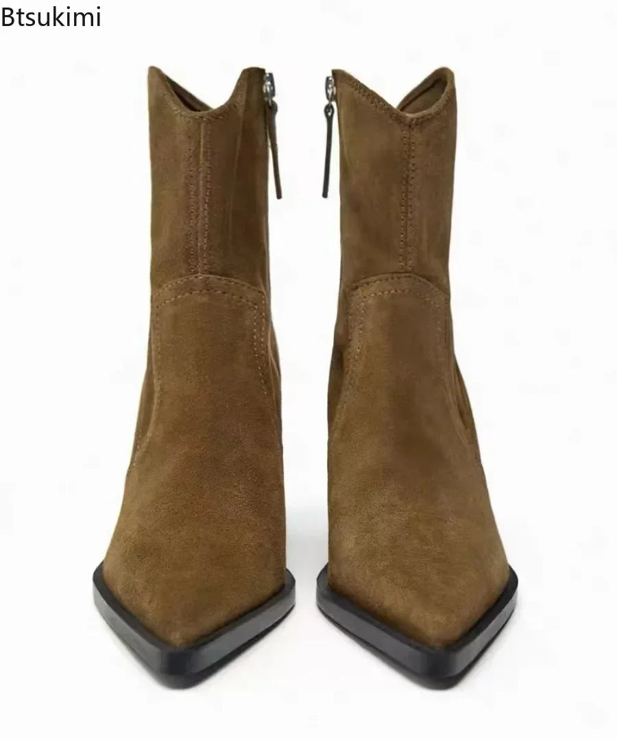 Santiag mi-haute marron Daim Synthétique Femme - Talon cubain, bout pointu