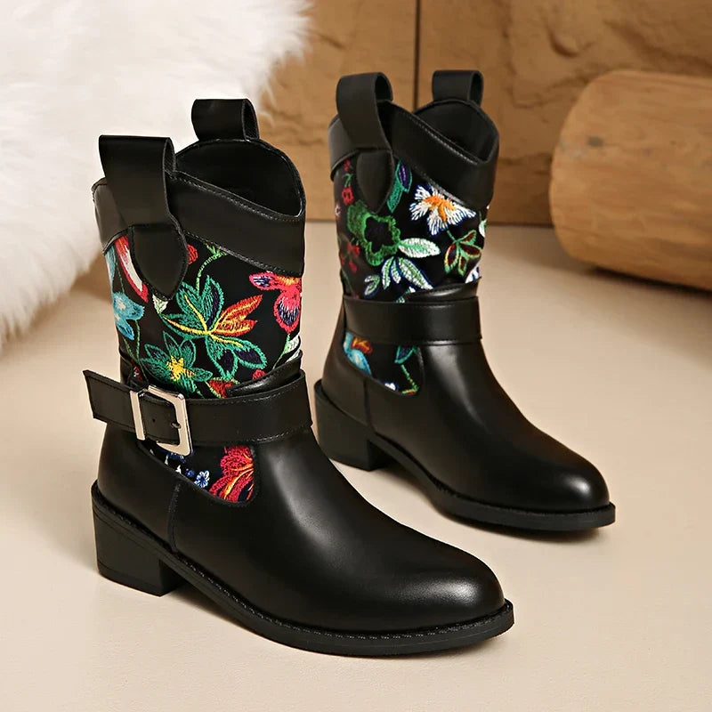 Santiag mi-haute noir Simili Cuir Femme - Broderies florales