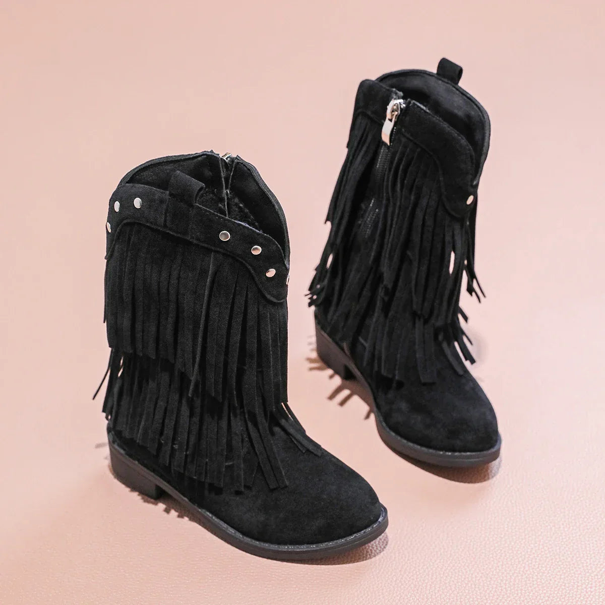 Santiag haute noir Cuir Fille - Franges, clous argentés