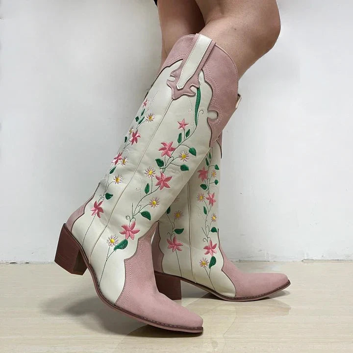 Santiag mi-haute blanc Simili Cuir Femme - Broderies florales colorées
