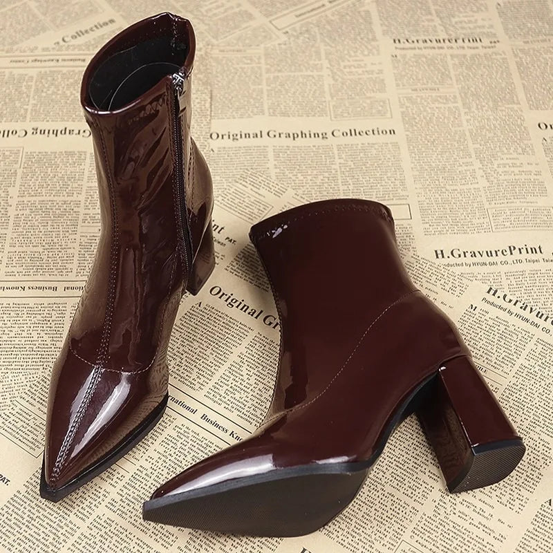 Bottine à talon marron Synthétique Femme - Verni, style cowboy