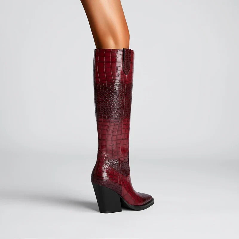 Santiag haute rouge Synthétique Femme - Motif crocodile, bout pointu