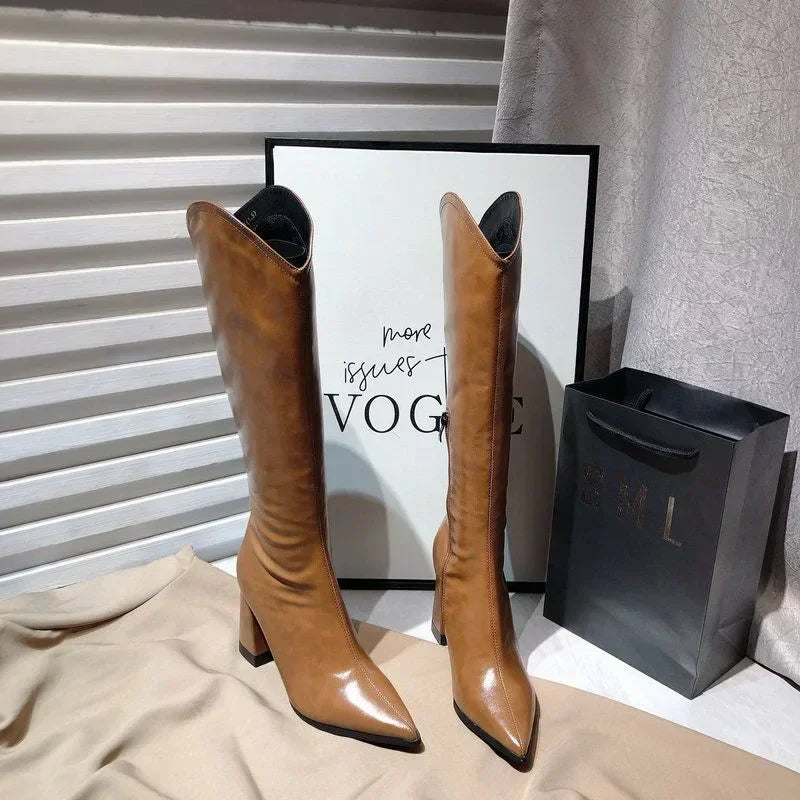 Santiag haute camel Simili Cuir Femme - Bout pointu, découpe western