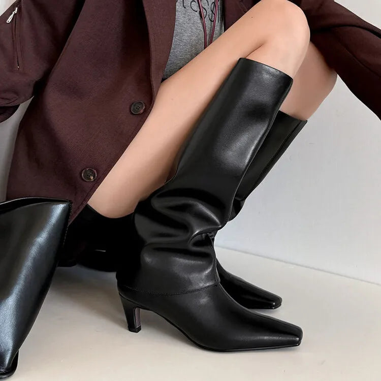 Botte haute noir Cuir Femme - Bout carré
