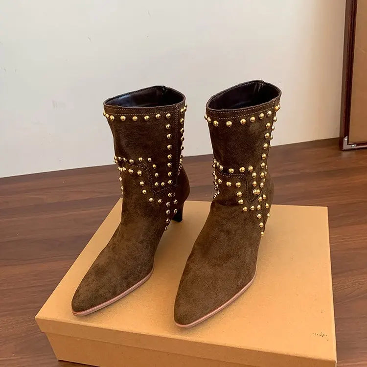 Santiag mi-haute marron Daim Femme - Clous dorés géométriques