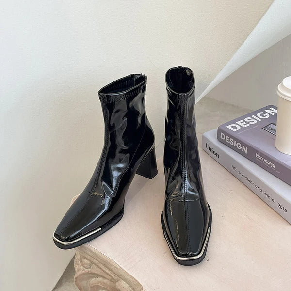 Bottine noir Simili Cuir Femme - Verni, bout carré