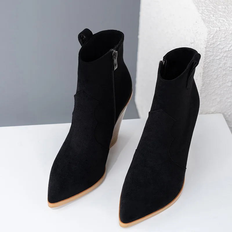 Santiag mi-haute noir Simili Cuir Femme - Talon compensé, couture zigzag
