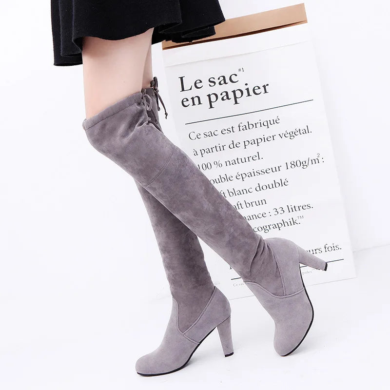 Botte haute gris Daim Synthétique Femme - Lacets arrière